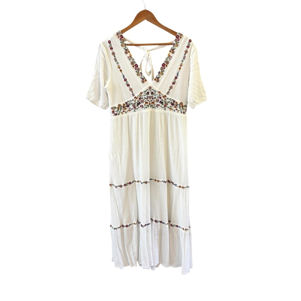 Baltic Born Santa Fe Dress Womens L White Embroidered Smocked Boho Peasant - Picture 2 of 11
